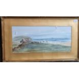 H Turner, 'Christchurch Head', beach scene with distant needles and ship, signed, watercolours. 24 x