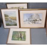 Group of assorted watercolours including; canal bridge, landscapes etc, one particularly a farmstead