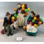 Three Royal Doulton bone china figurines to include: 'The Balloon Man', 'The Old Balloon Seller' and