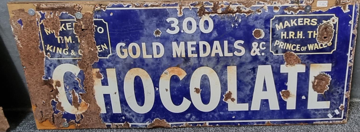 Vintage single sided enamel advertising sign '300 Gold Medals, Chocolate', distressed condition. (