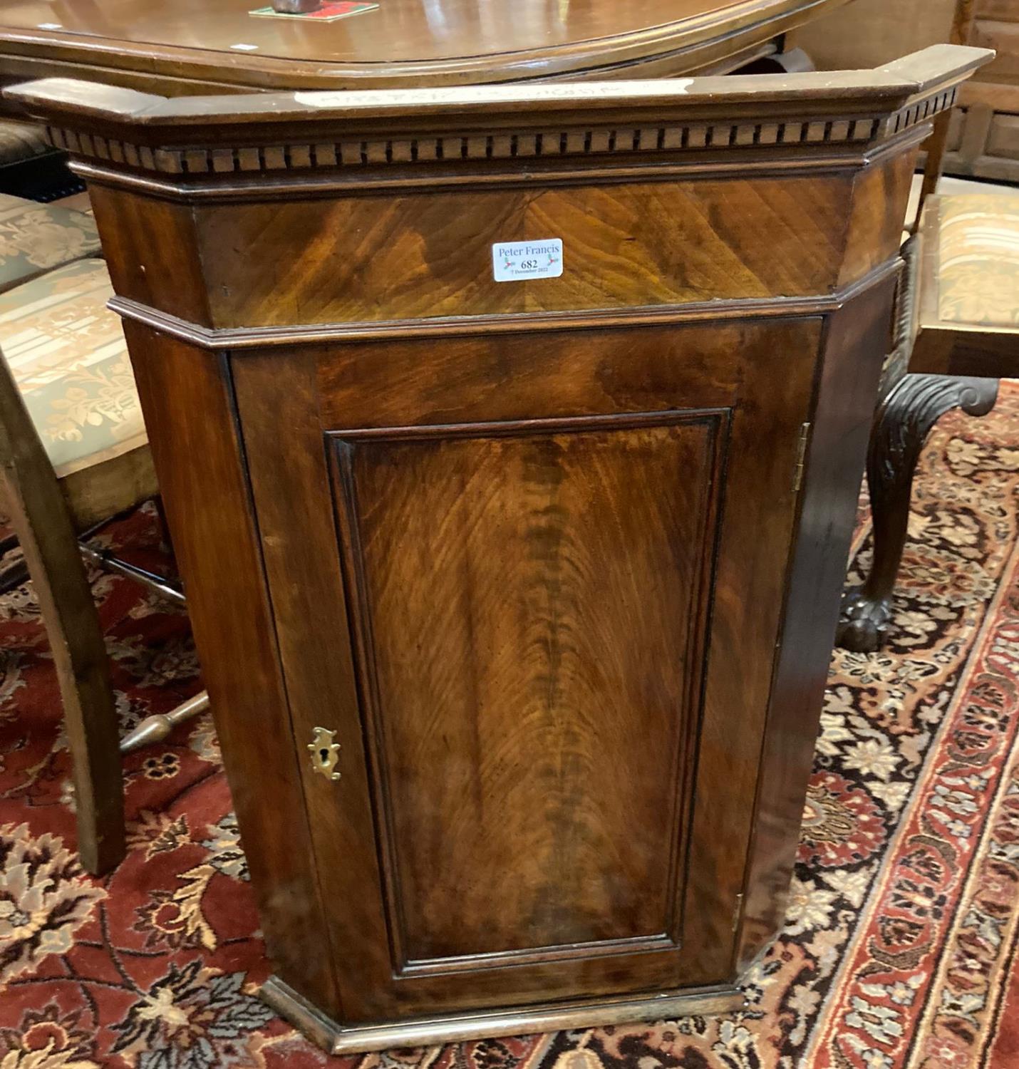 Small 19th century mahogany single door blind panelled hanging corner cupboard. (B.P. 21% + VAT)