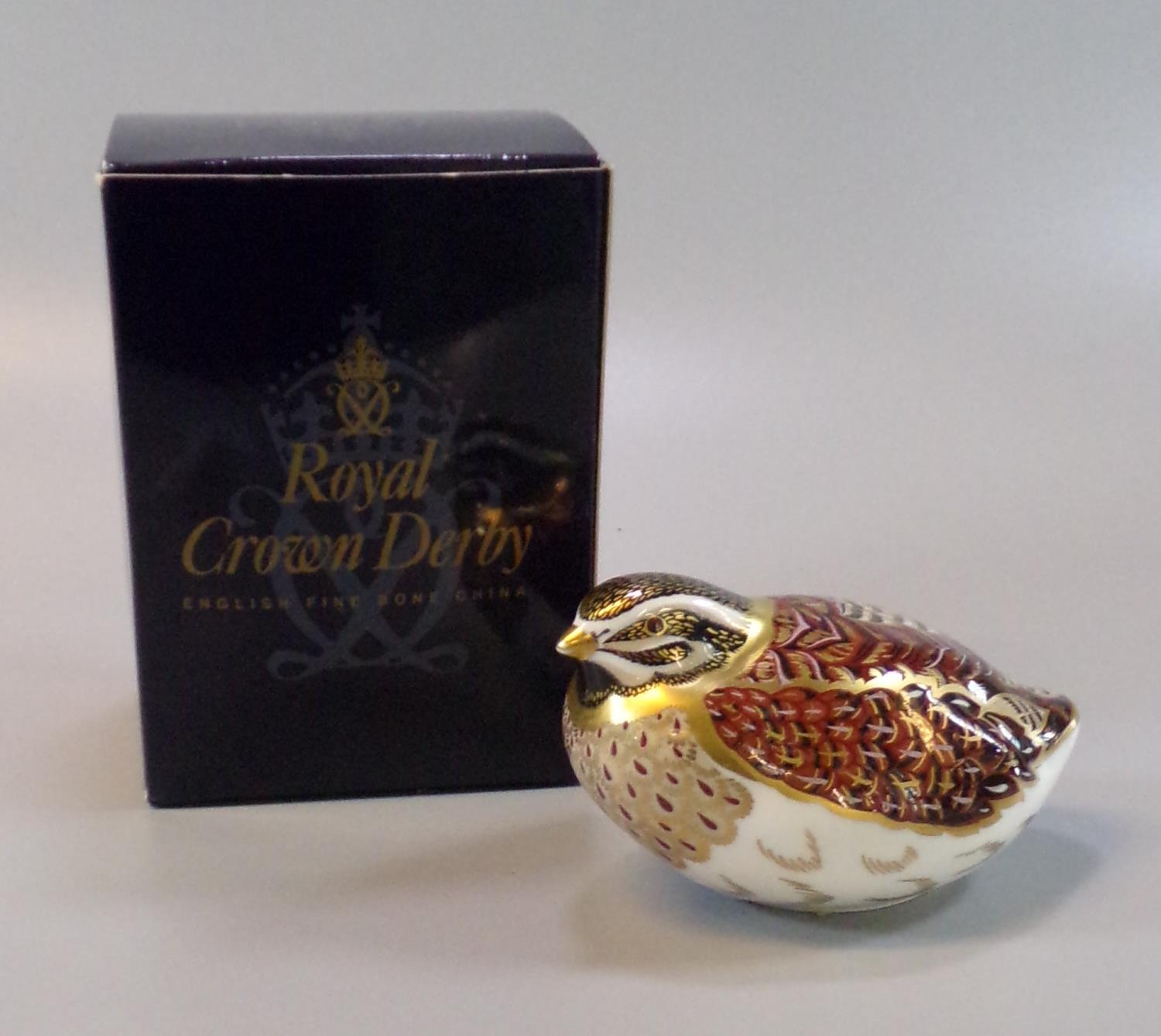 Royal Crown Derby fine bone china paperweight 'Dappled Quail', with gold stopper and original