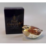Royal Crown Derby fine bone china paperweight 'Dappled Quail', with gold stopper and original