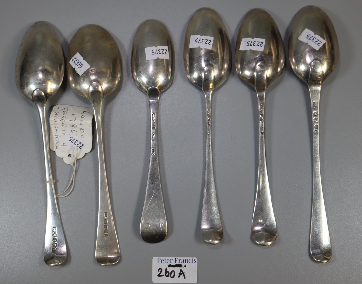 Six Georgian silver tablespoons, three with rubbed marks. 12 troy ozs approx. (B.P. 21% + VAT) - Image 2 of 2