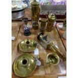 Tray of brassware: miner's lamp marked 'William Webb 1903', small carriage lantern, miniature