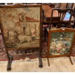 Victorian tapestry fire screen depicting a figure and a dog, together with another 20th century