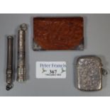 Silver vesta case, two propelling pencil and miniature silver mounted wallet. (B.P. 21% + VAT)