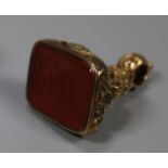 Early 19th Century gold plated seal fob set with a carnelian. (B.P. 21% + VAT)