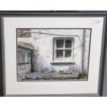 David Cowdry, Welsh cottage window with bird on pipe, signed and dated '96, watercolours. 23 x