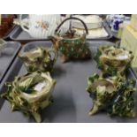 Moulded majolica conch shell design tea service to include: teapot, milk jug, lidded preserve pots