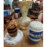 Vintage T.G Green Cornish kitchen flour shaker in blue and white; Mintons 'Guinness is good for you'