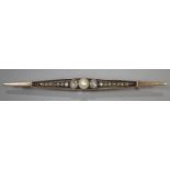 Edwardian diamond and pearl set boat shaped bar brooch. 4.5g approx. Unmarked gold. (B.P. 21% + VAT)