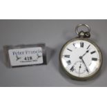 Silver plated open faced pocket watch, with enamel face and Roman numerals. With key. (B.P. 21% +