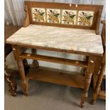 Early 20th century pine tile back marble top wash stand (missing its drawer). (B.P. 21% + VAT) (W)