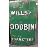 Large enamel single sided advertising sign 'Will's Woodbine cigarettes', distressed condition. 115 x