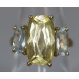 9ct gold three stone dress ring. 3.8g approx. Ring size O. (B.P. 21% + VAT)