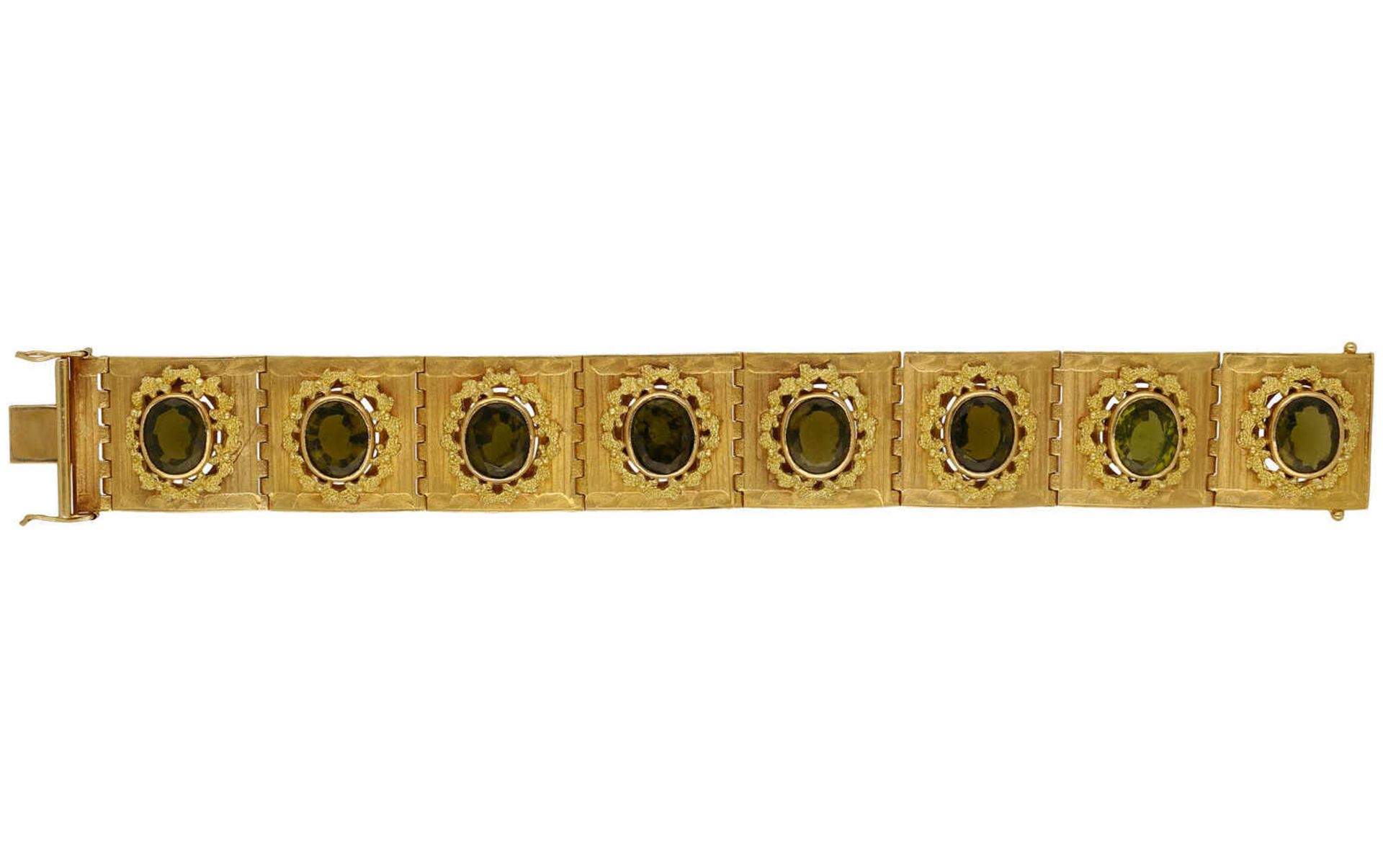 Olivin-Bracelet Edles Design in Gelbgold 18K mit 8 satinierten Gliedern, jeweils eingebettet ein - Bild 2 aus 2