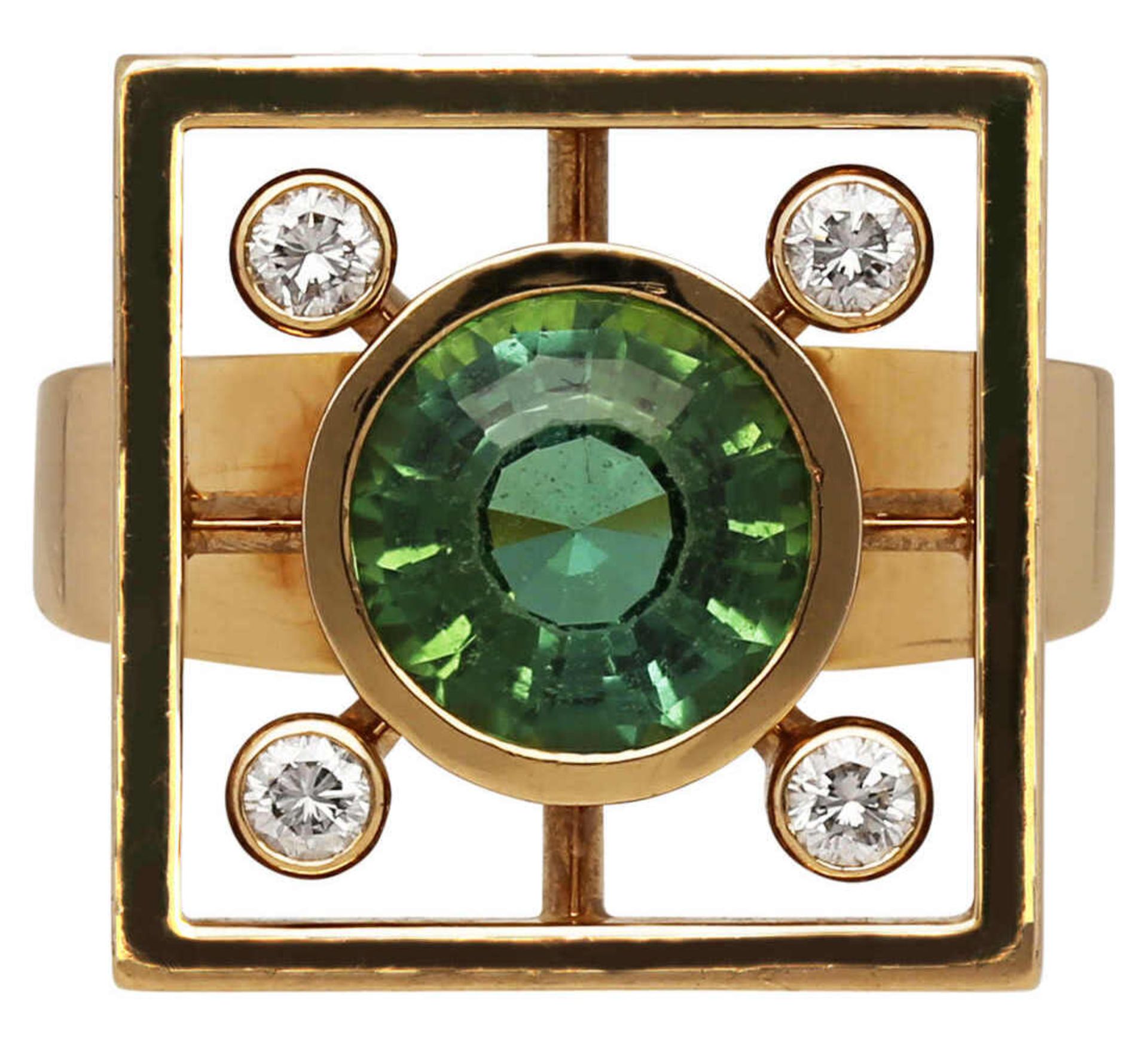 Turmalin-Brillant-Ring Geometrisches Design in Gelbgold 18K. Ein runder, grüner Turmalin (Verdelith)