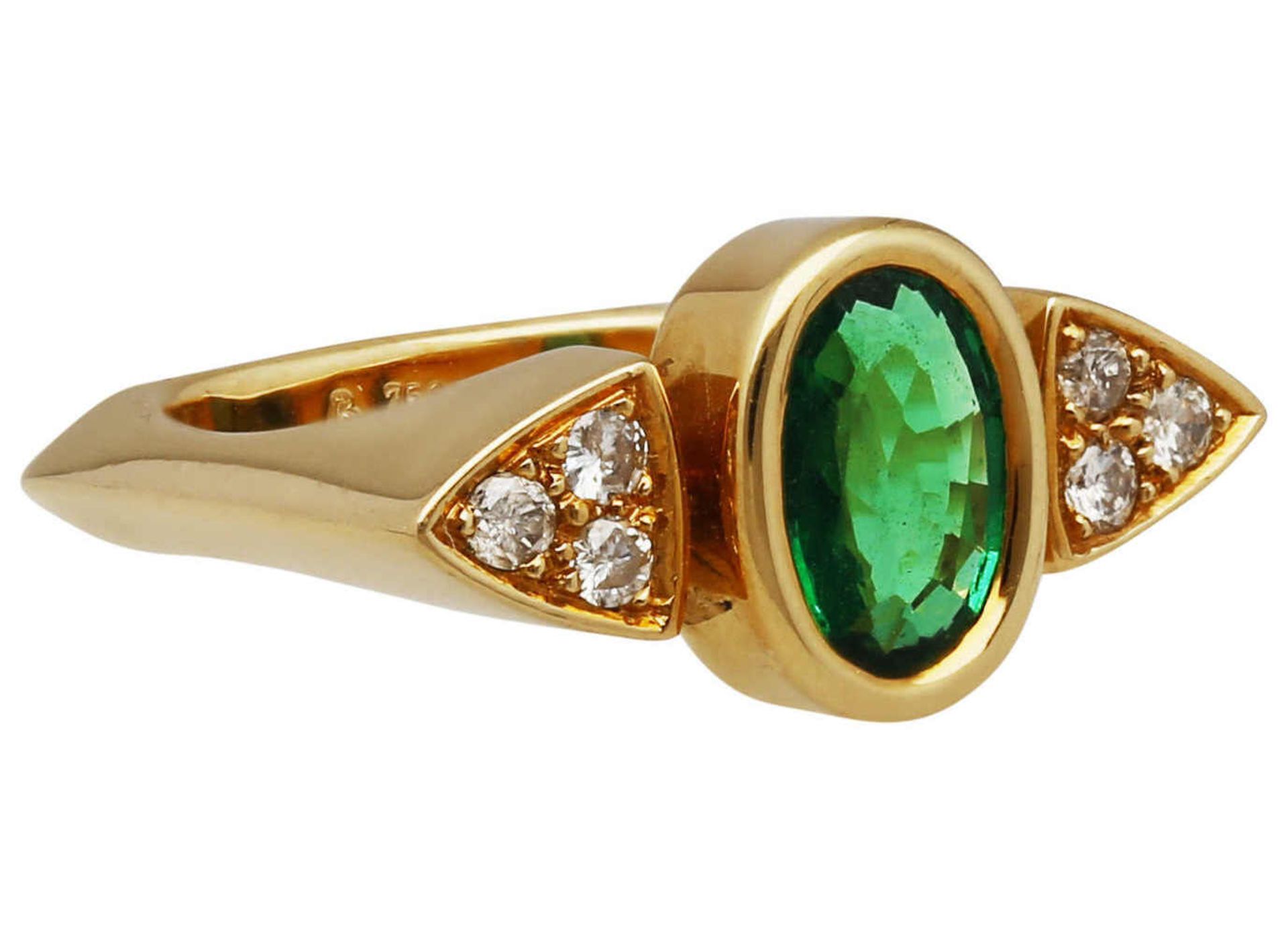 Smaragd-Brillant-Ring Tolles Design in Gelbgold 18K, zentral ein Smaragd oval von ca. 1 ct in sehr - Bild 2 aus 2