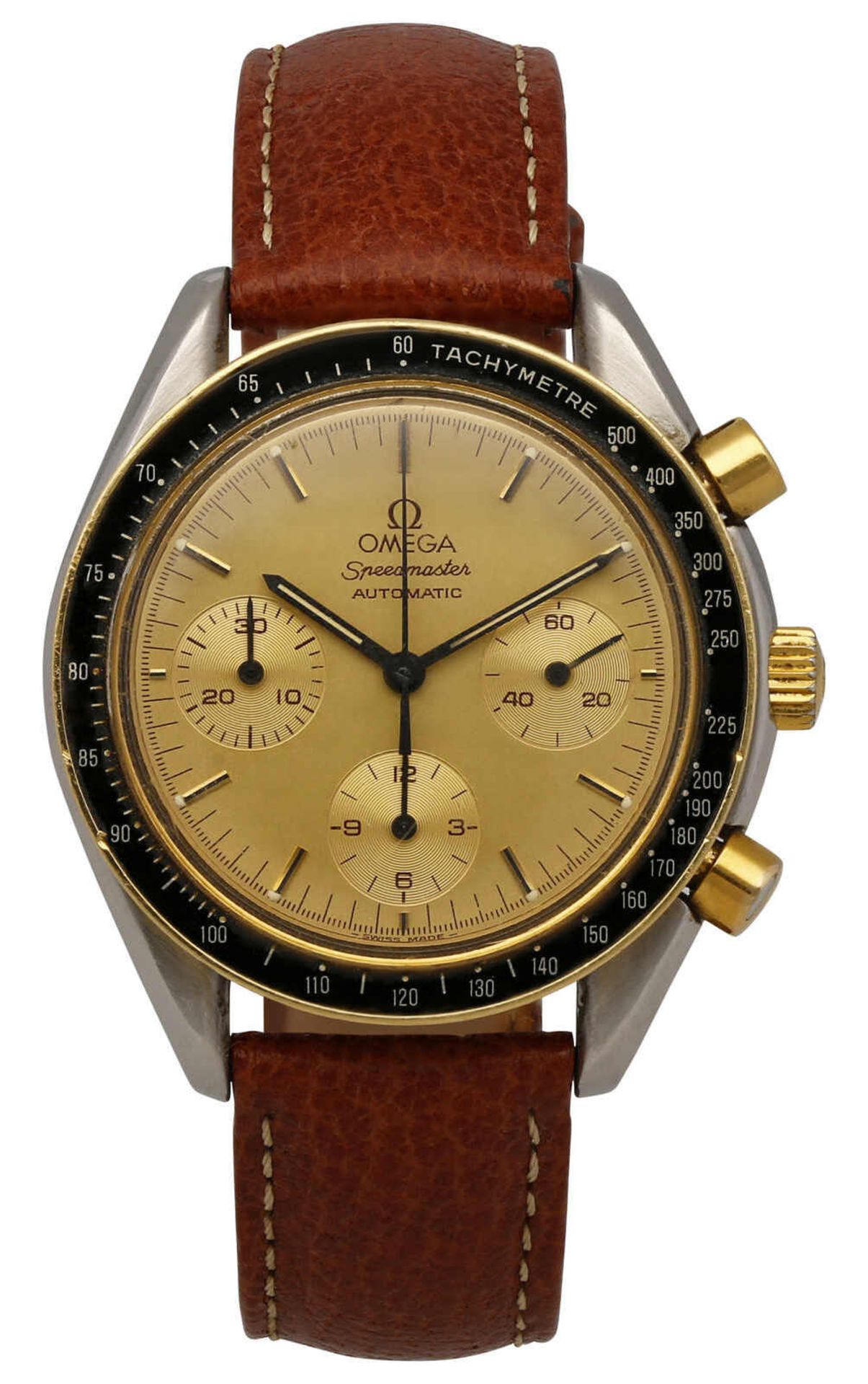 OMEGA Herrenarmbanduhr Speedmaster Chronograph in Stahl/Gold mit schwarzem Tachymeter und braunem