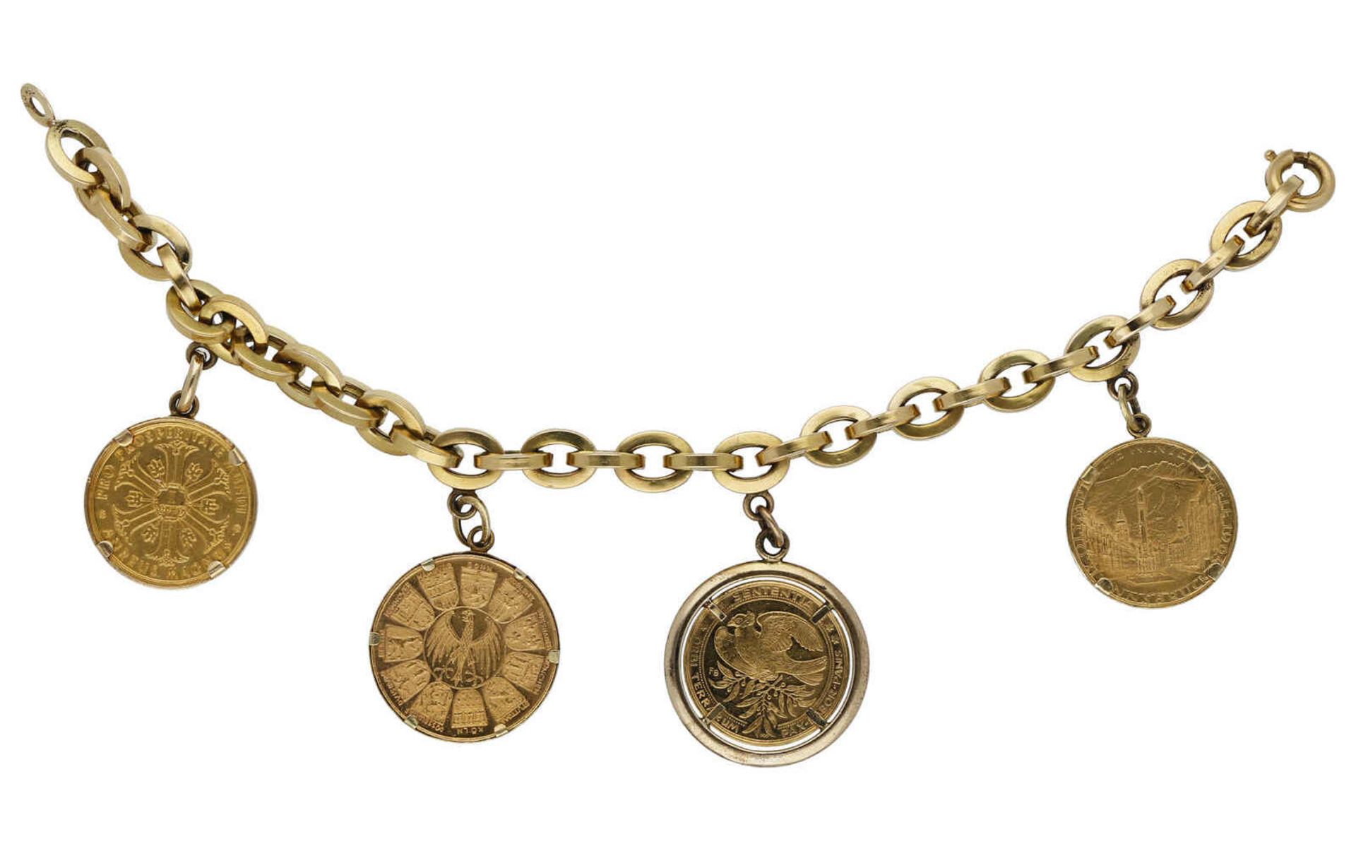 Münz-Armband An Ankerkette Gelbgold 18K, signiert Bucherer 4 Goldmünzen in Gelbgold 14K Fassungen. - Bild 3 aus 3