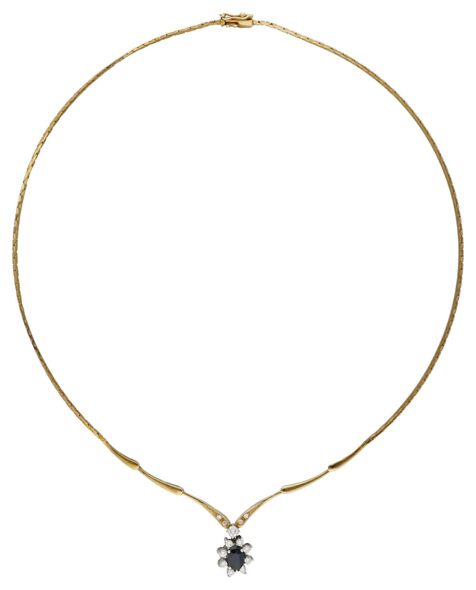 Saphir-Brillant-Collier Zarte Verarbeitung in Gelbgold/Weissgold 18K. An zarter Kobrakette, in