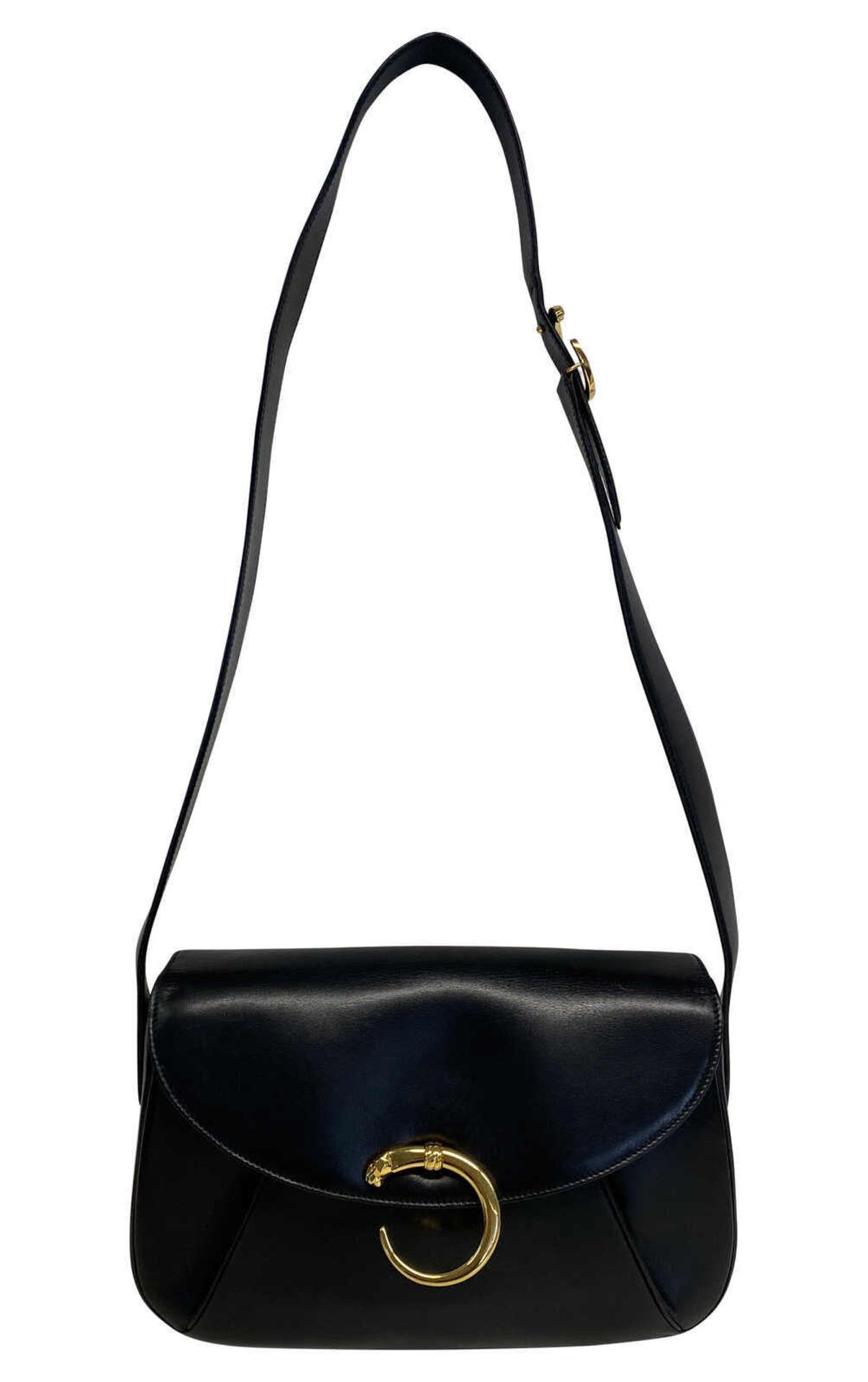 CARTIER Handtasche Modell Panthère, schöne Schultertasche in feinstem, schwarzem Leder mit blauem - Bild 2 aus 11