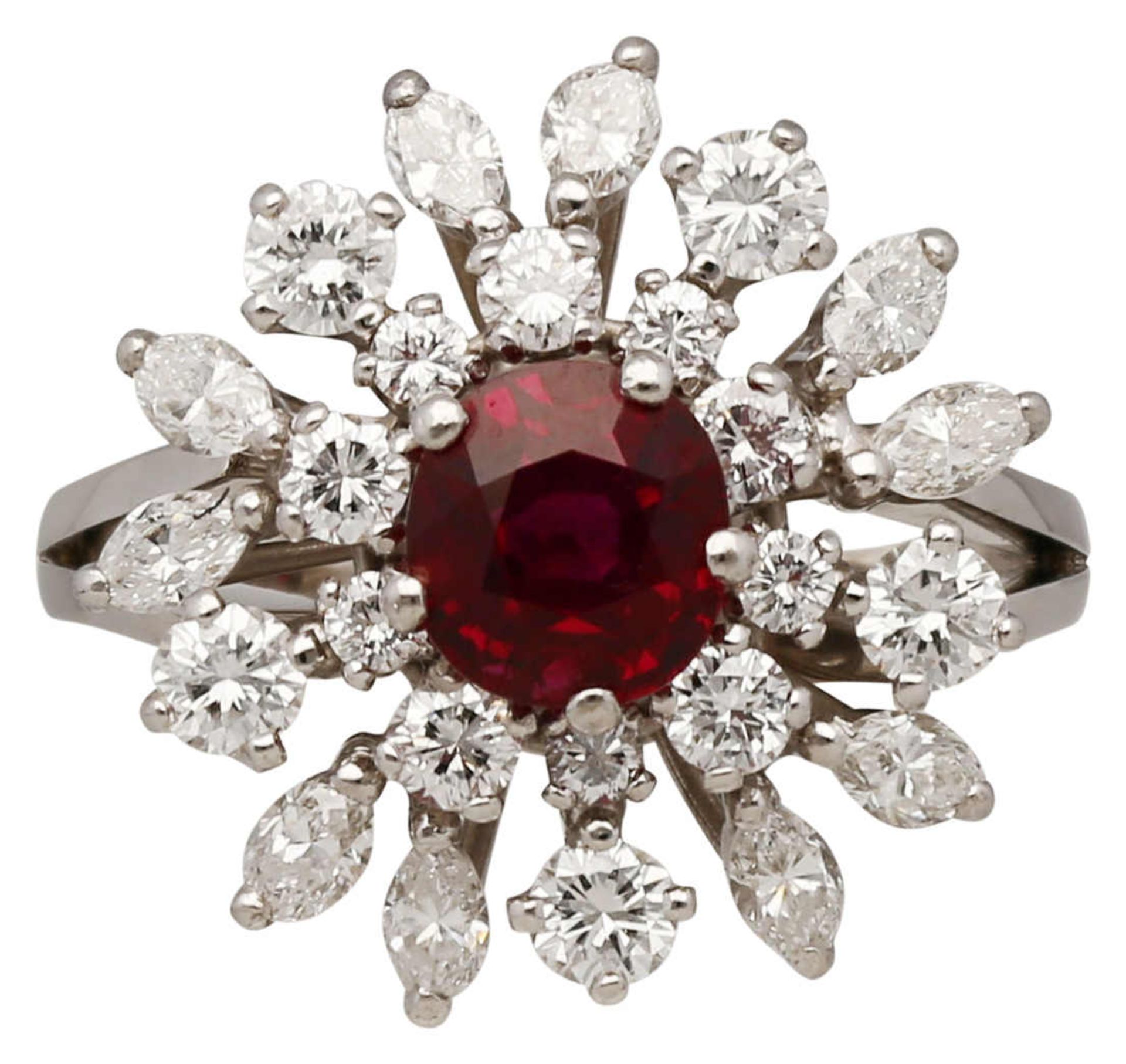 Rubin-Brillant-Ring Prächtiges Schmuckstück in Weissgold 18K. Im Zentrum ein Rubin, sehr schöne