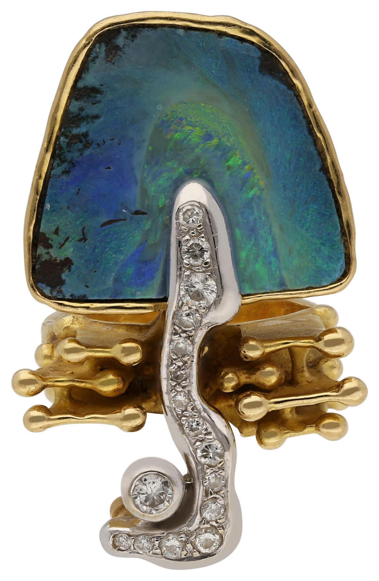 Opal-Brillant-Ring Kreative Goldschmiedearbeit in Gelbgold/Weissgold 18K. Blickfang ist ein