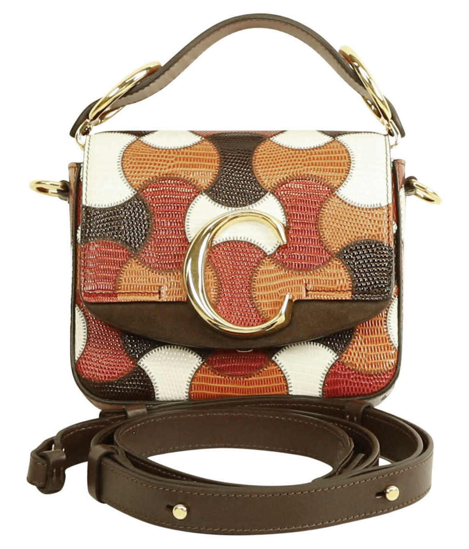 (*) CHLOÉ HANDTASCHE Chloé C Mini-Tasche aus Patchwork-Kalbsleder mit Echsenprägung. Goldene