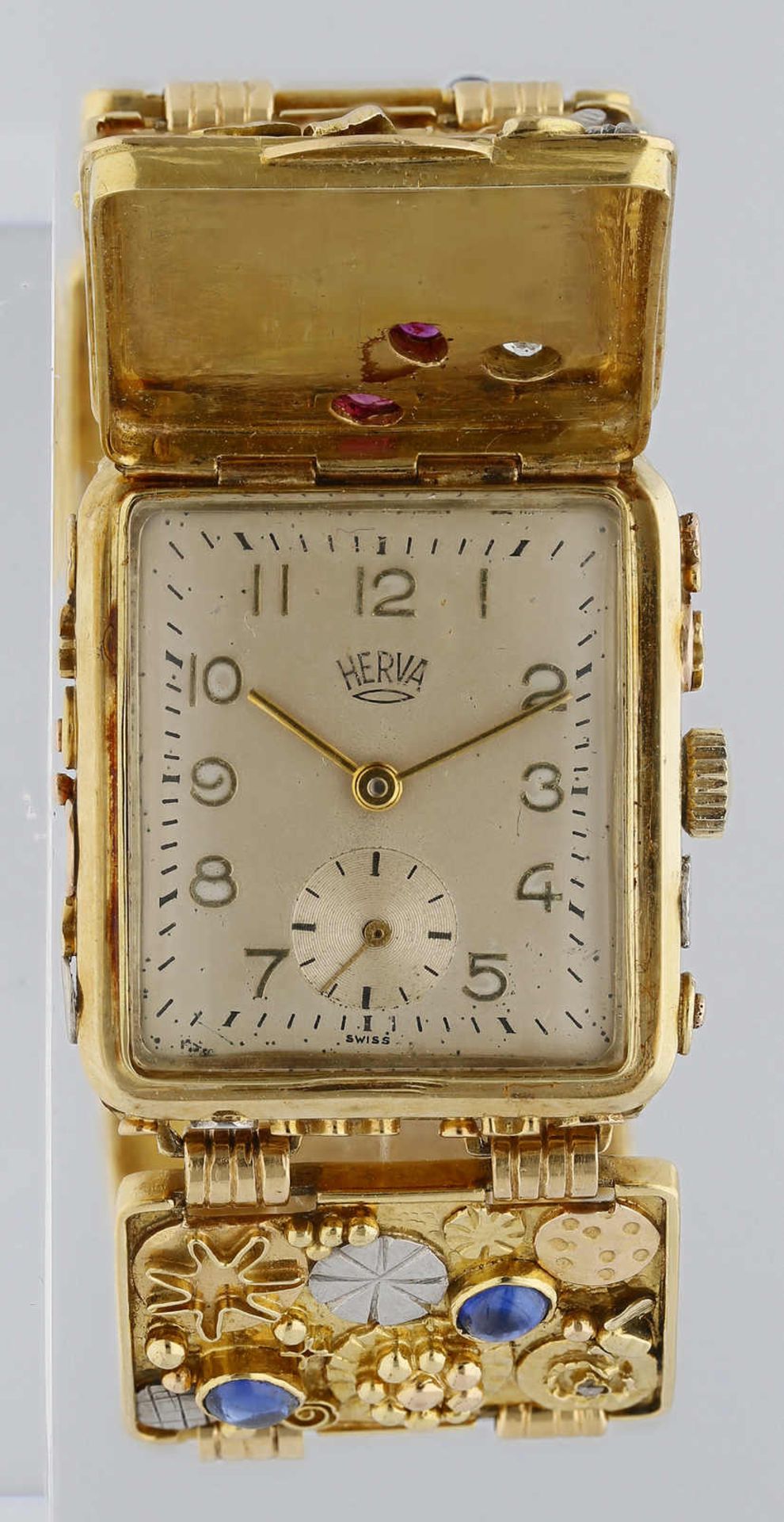 HERVA Damenarmbanduhr Reich verzierte Schmuckuhr mit Klapp-Deckel in Gelbgold 14K. Bestückt mit - Bild 5 aus 5