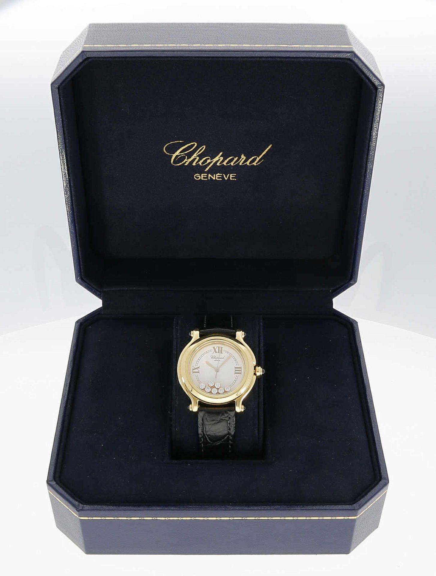 CHOPARD Damenarmbanduhr Happy Sport in Gelbgold 18K mit 5 Saphir-Cabochons von zus. ca. 0,73 ct - Bild 3 aus 6