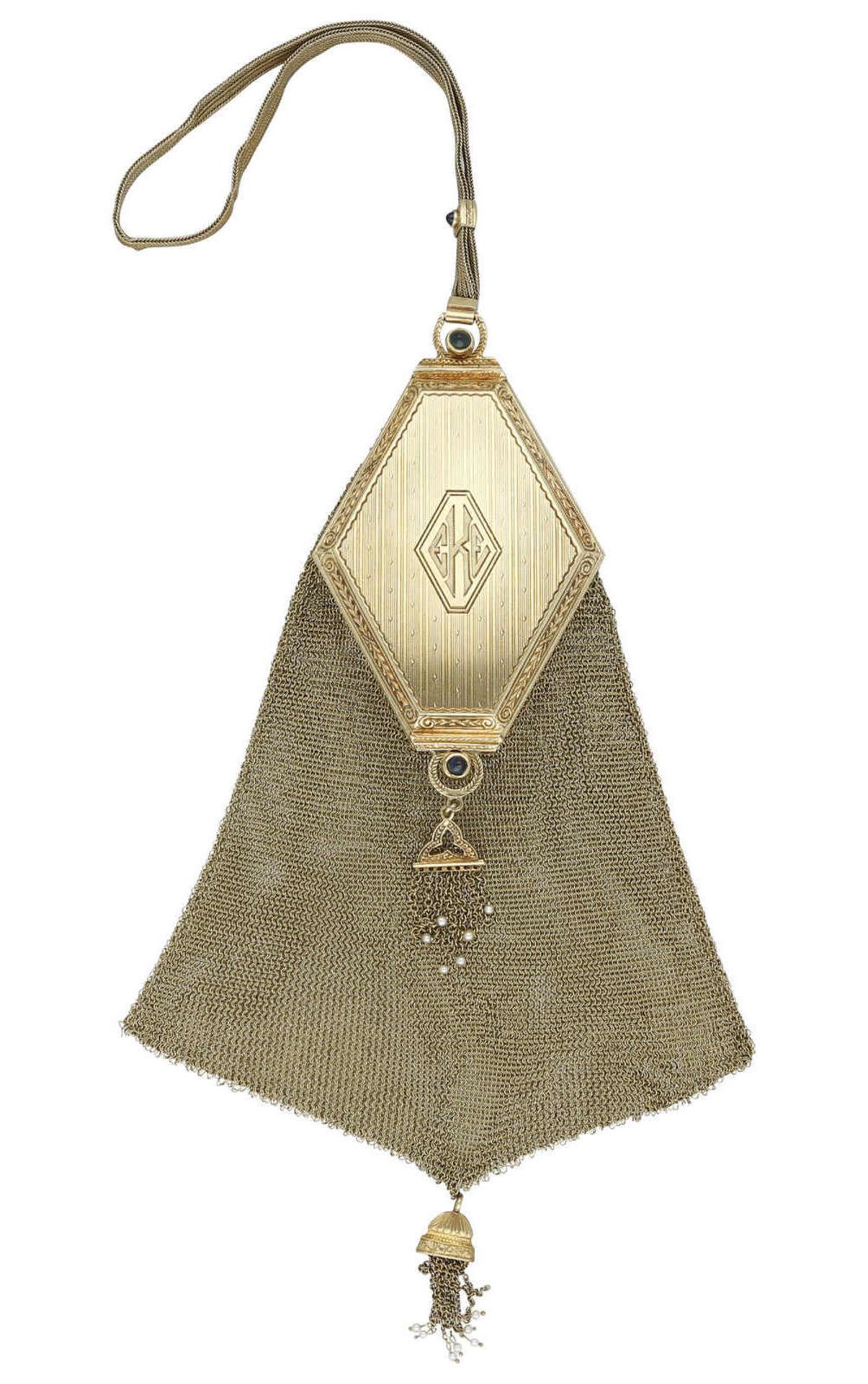 Gold-Tasche Sehr schöne Goldflecht-Tasche, 19. Jh. mit kleinen Perlen und Saphiren von zus. ca. 1 ct