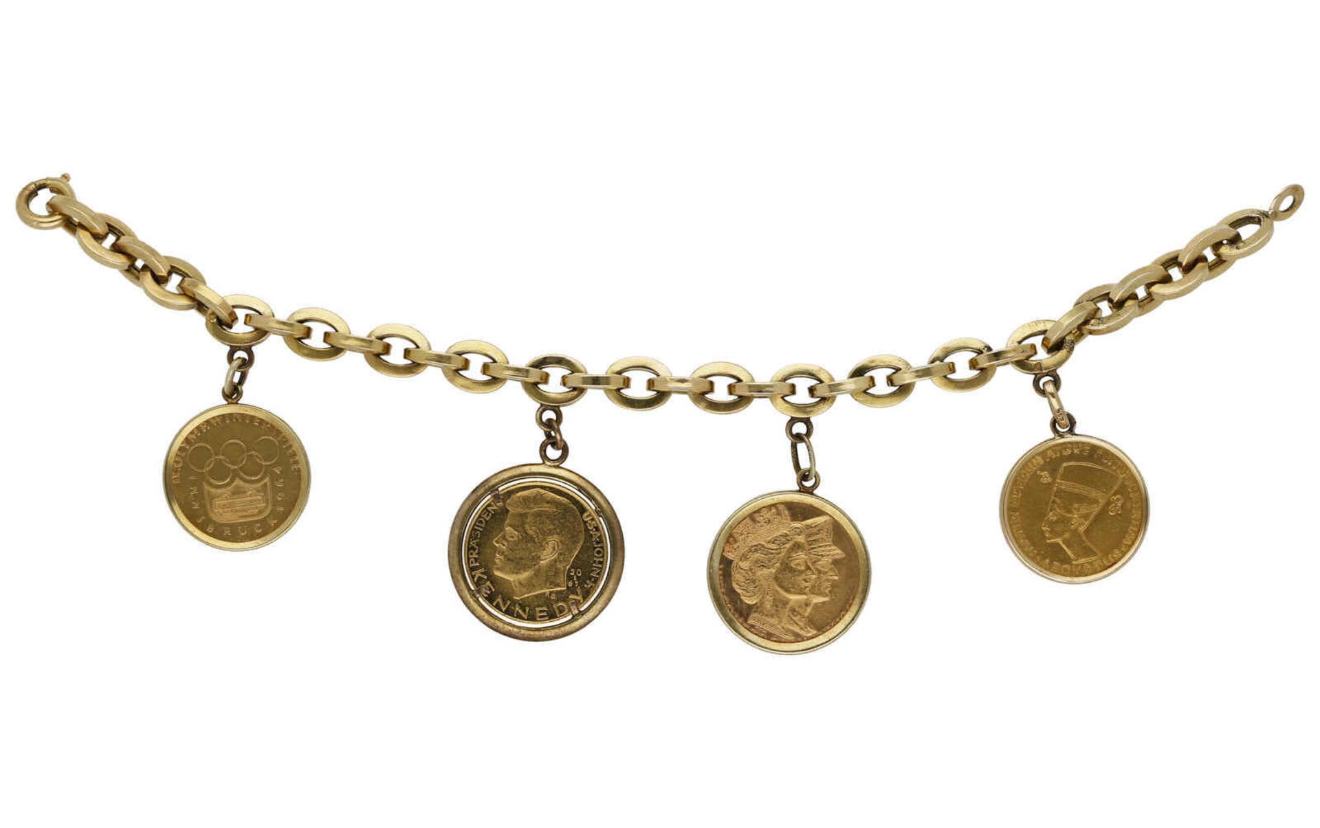 Münz-Armband An Ankerkette Gelbgold 18K, signiert Bucherer 4 Goldmünzen in Gelbgold 14K Fassungen. - Bild 2 aus 3