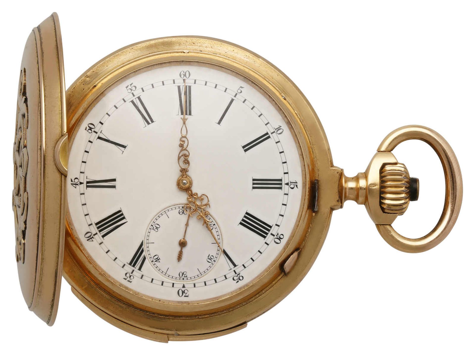 Taschenuhr Taschenuhr in Roségold 18K. Uhrwerk Handaufzug mit Minutenrepetition, weissem Email-