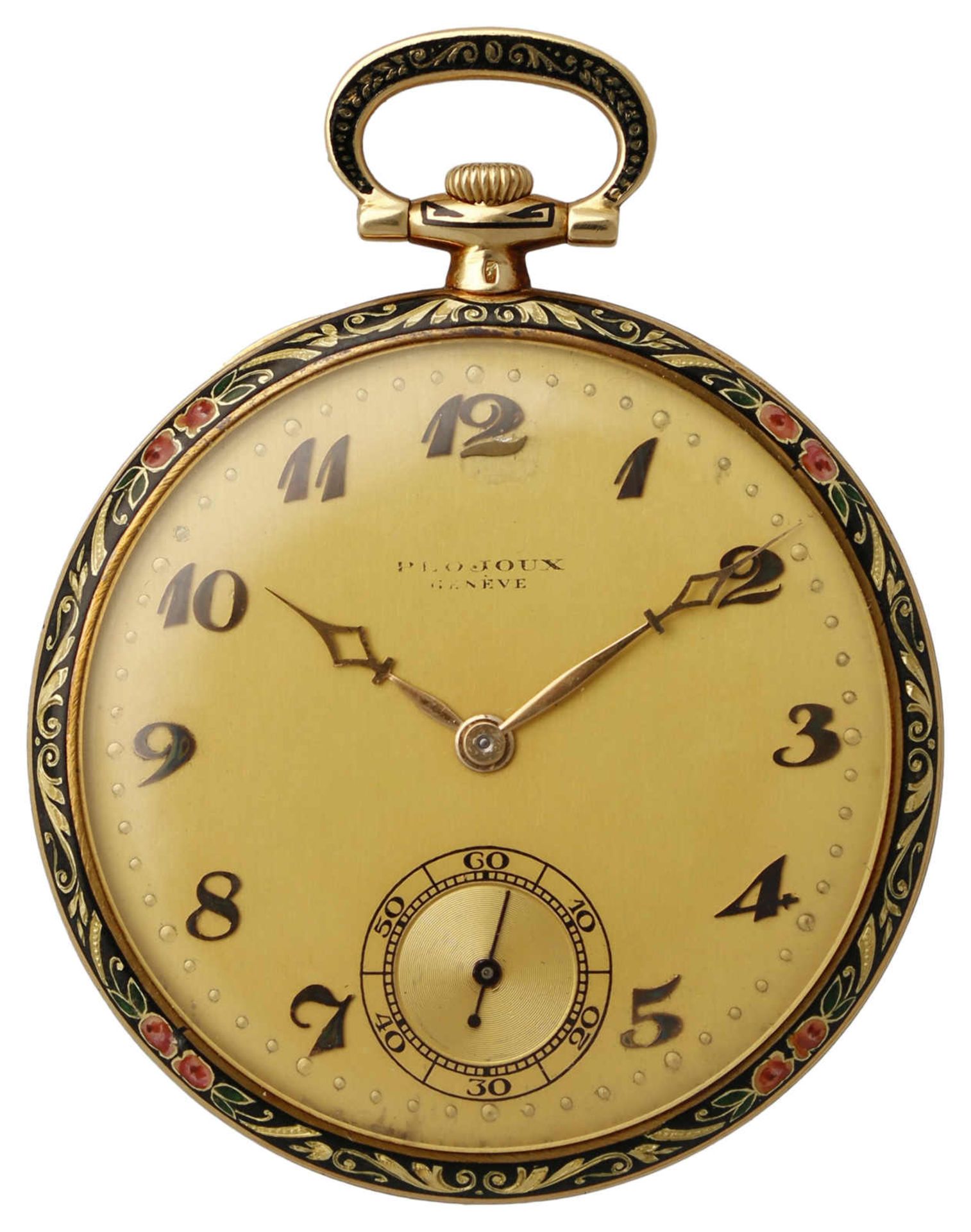 PLOJOUX Taschenuhr Extraflache Taschenuhr in Gelbgold 18K mit wunderschöner Emailverzierung. Uhrwerk