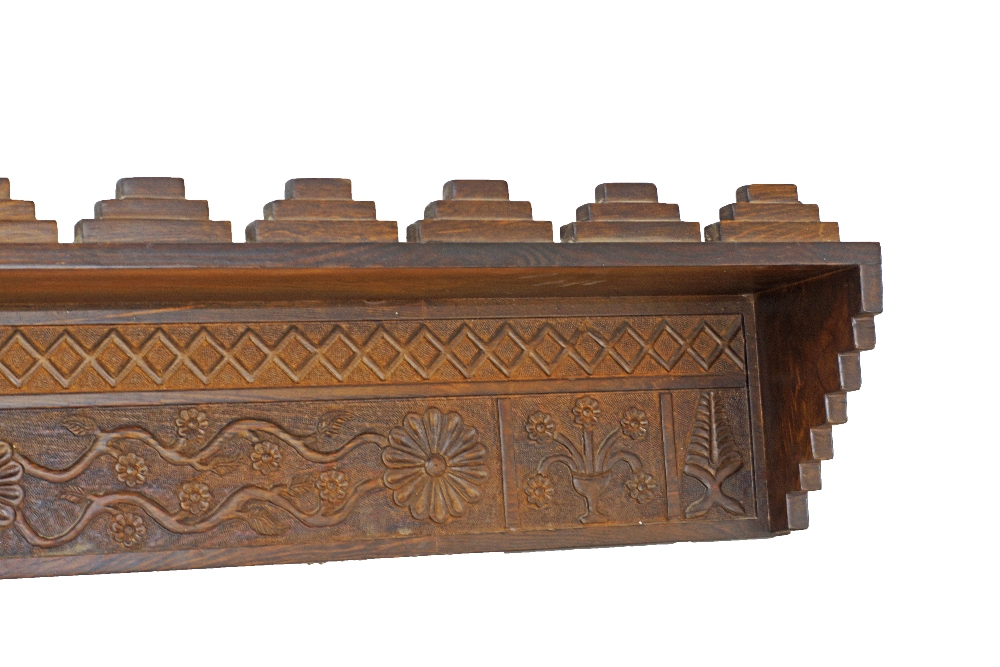 A Cypriot carved stained pine wood wall shelf - Image 3 of 3