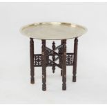 Egyptian round brass tray on wooden folding stand
