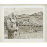 A rural landscape with a bearded priest, ink on paper