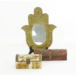 A collection of two Asian boxes and a mirror