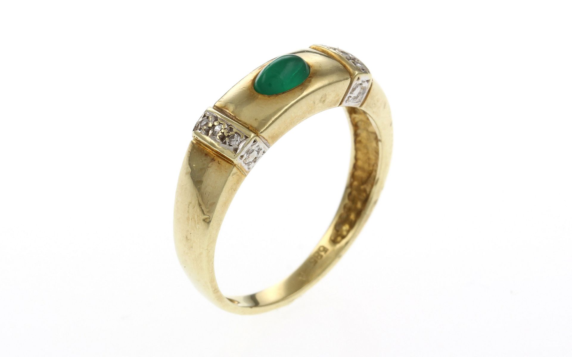 Ring 585/- 3.28 gr. Gelbgold und Weissgold mit Diamanten 8(8 Schliff H/pi 0.06 ct und Smaragd 0.20 c
