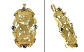 Anhaenger/Brosche 585/- 13.63 gr. Gelbgold mit Diamanten Altschliff B/vs-si 1.08 ct und Saphiren 0.8