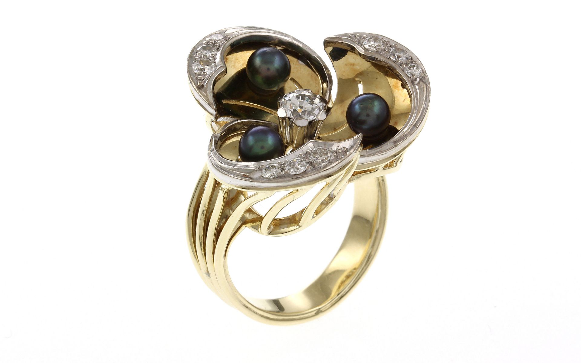 Ring 585/- Gelbgold und Weissgold mit Diamanten 0.58 ct G/vs und Tahiti-Zuchtperlen 10.03 gr Ringgro