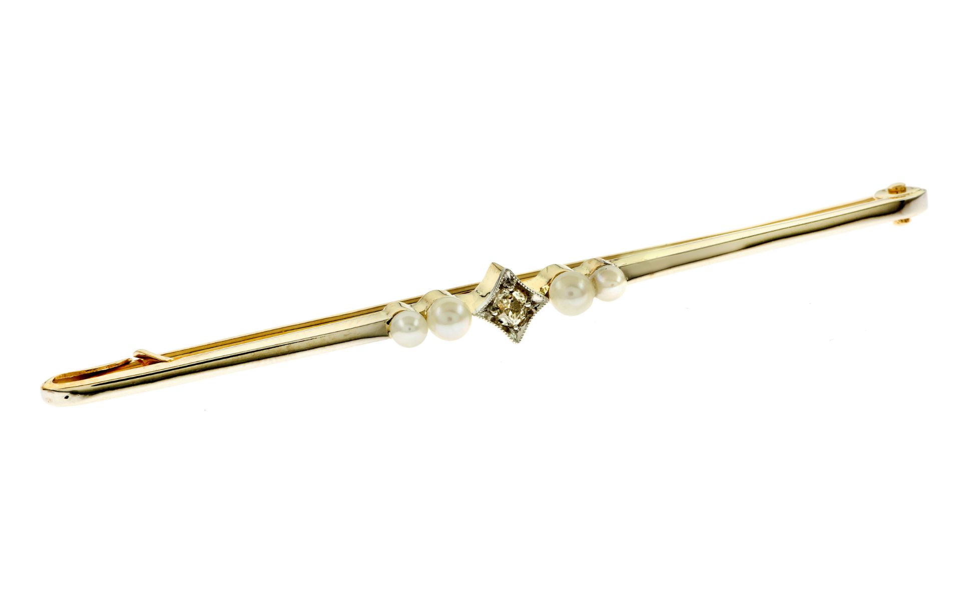 Brosche 750/- 4.27 gr. Gelbgold und Weissgold mit Diamant Altschliff LB/pi 0.04 ct und Perlen Ringgr