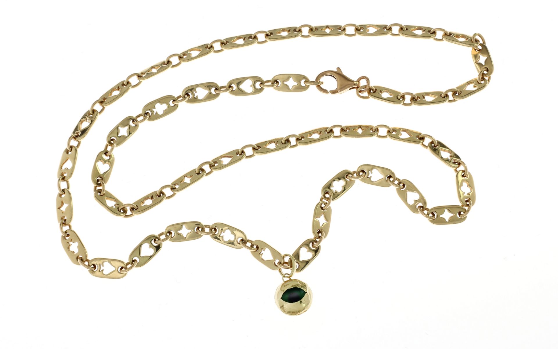 Kette 29.01g 750/- Gelbgold und Anhaenger 585/- Gelbgold mit Farbstein. Laenge ca. 57 cm