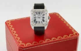Cartier Santos 100 "Iced Out" Ref. 2565 Automatik Edelstahl mit Diamanten. mit Box und ohne Papiere.