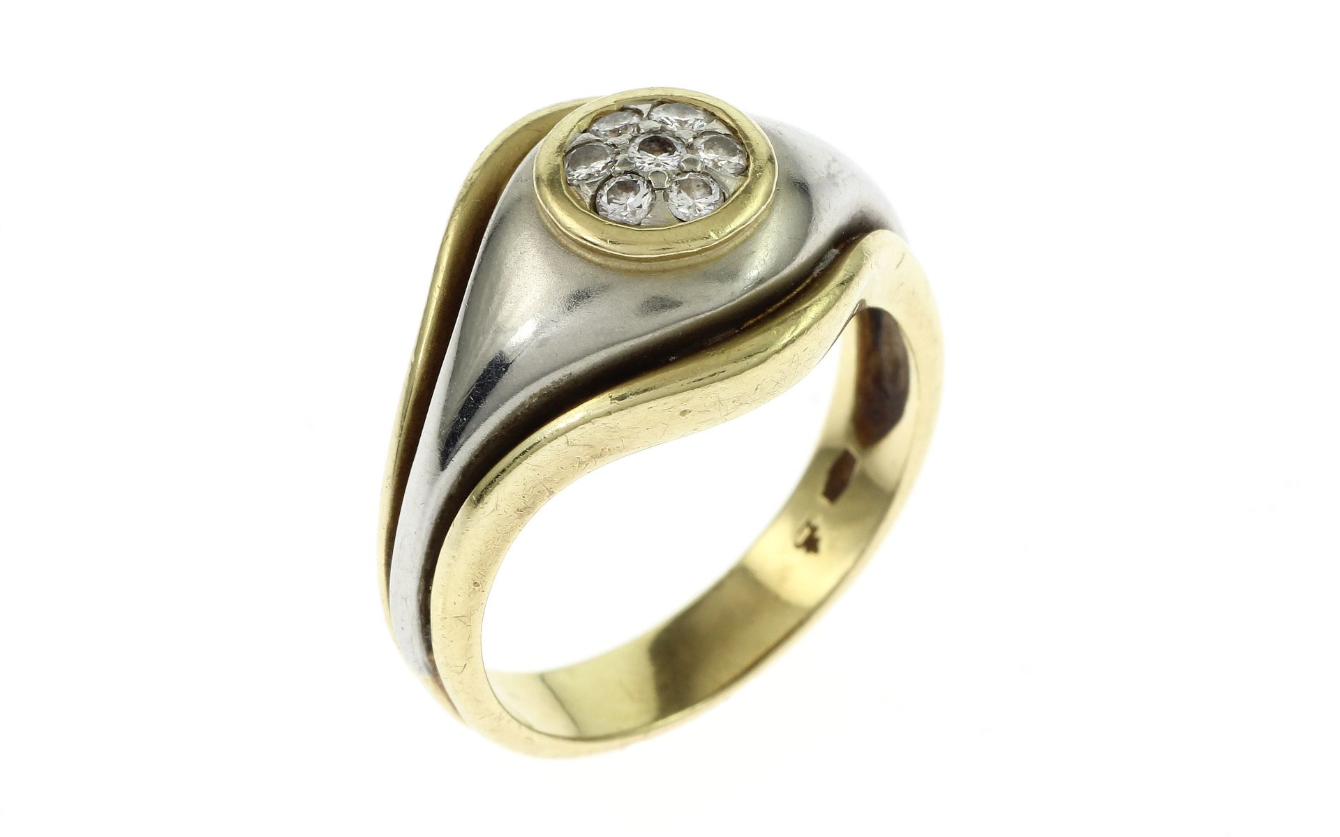 Ring 7.82g 750/- Gelbgold und Weissgold mit 7 Diamanten zus. ca. 0.14 ct.. Ringgroesse ca. 53