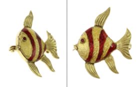 Brosche Fisch 6.69g 750/- Gelbgold mit Emaile