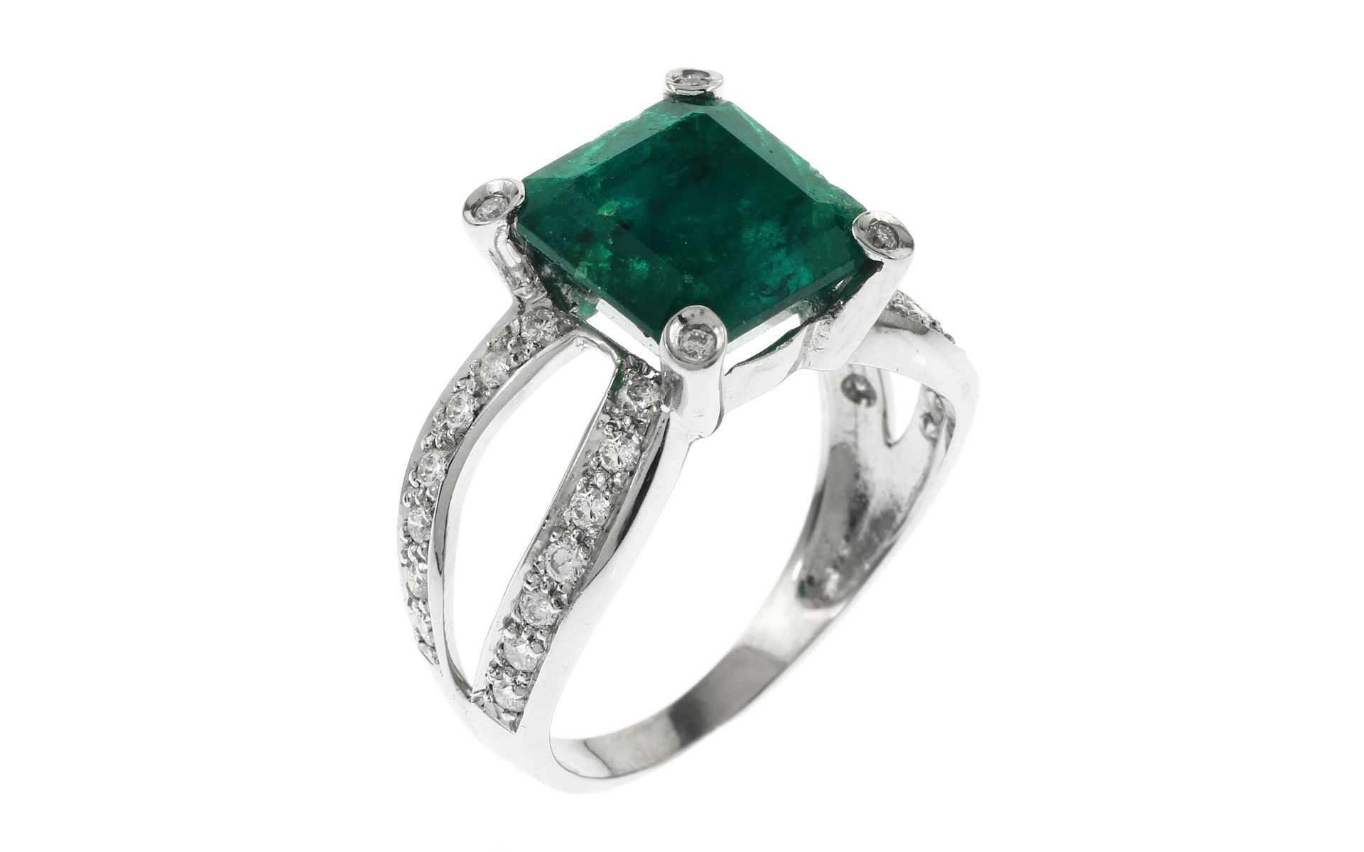 Ring 750/- 5.22 gr Weissgold mit Diamanten 0.32 ct G/vs-si und Smaragd ca. 4 ct Ringgroesse 55