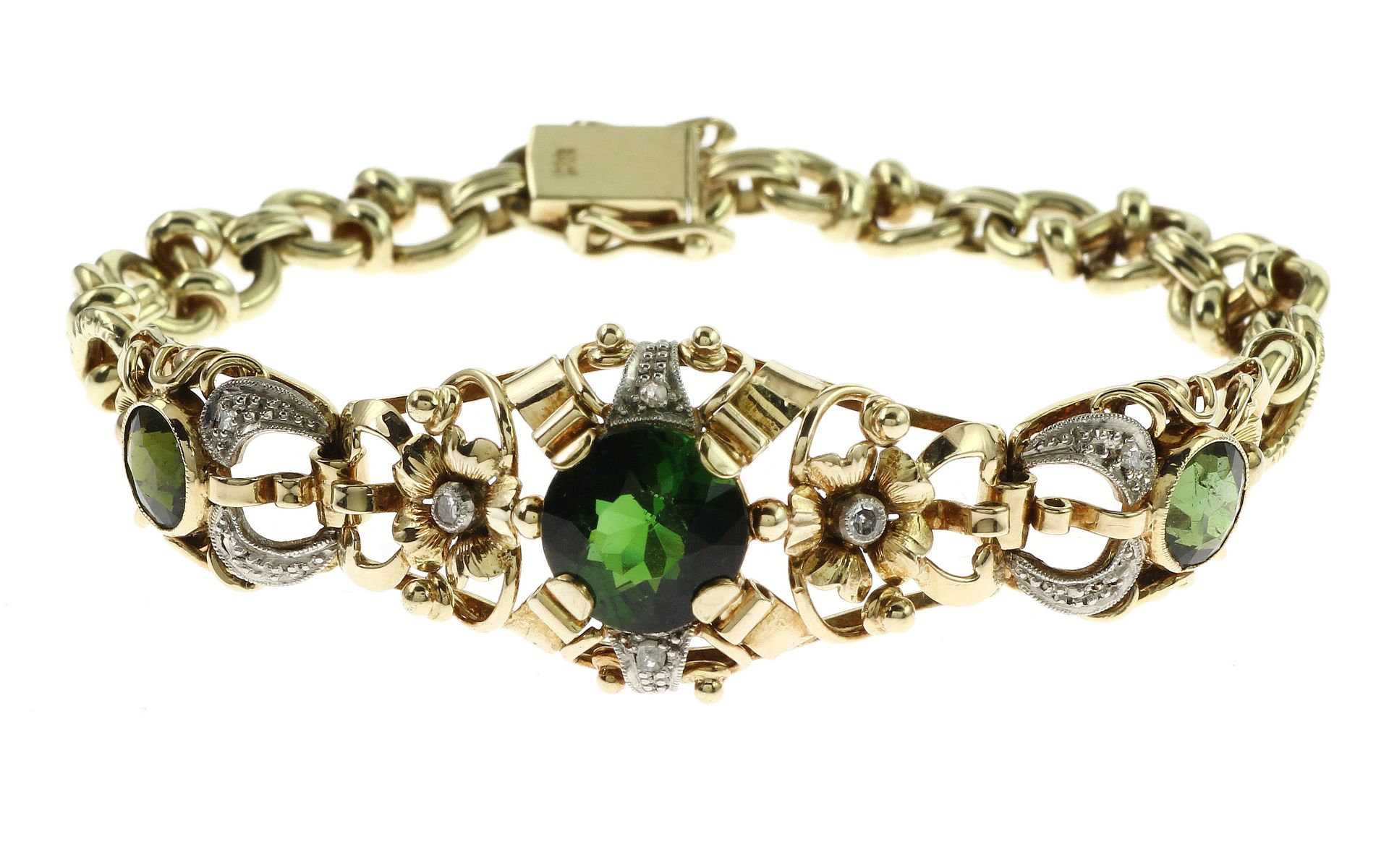 Armband 18.47g 585/- Gelbgold und Weissgold mit 8 Diamanten zus. ca. 0.08 ct. und Turmalin. Laenge c